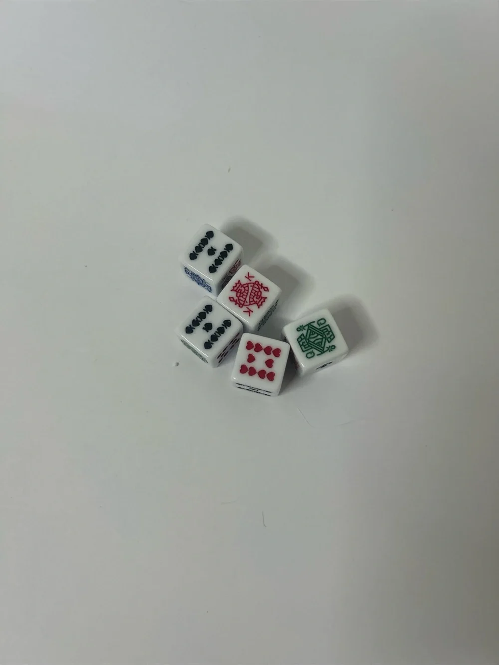 White Mahjong-Style Dice Set with Red, Black and Green‎ Faces